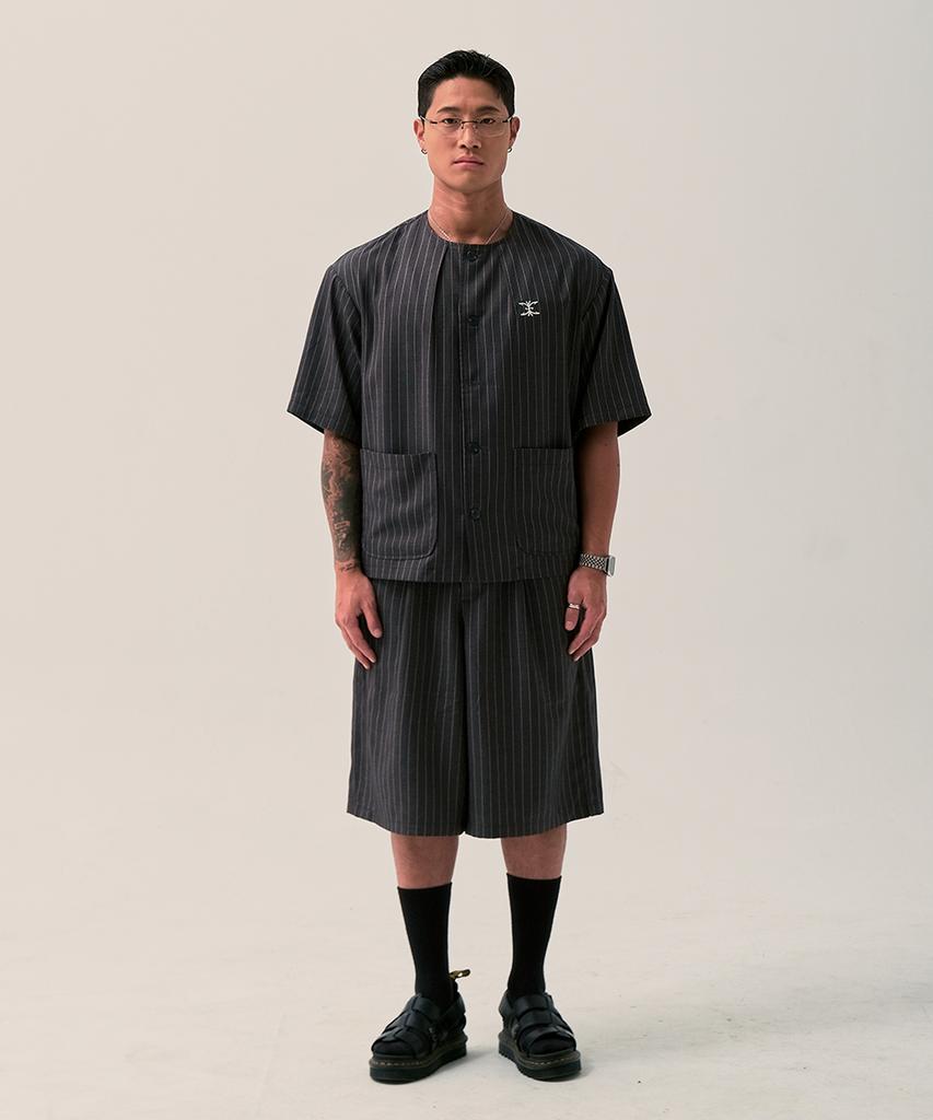 Neiseieo Striped Pintuck Bermuda Wide Pants (Dark Gray)