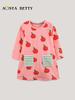New Arrival Girls' Long Sleeve Knitted Cotton Dress with Cartoon Apple Print