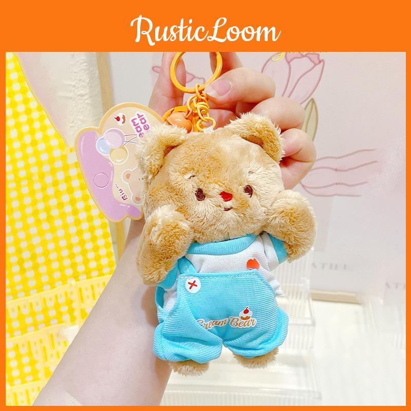 Fuzzy Soft And Cream Bear Plush Keyring With Cute Outfit Ideal For Key Decoration