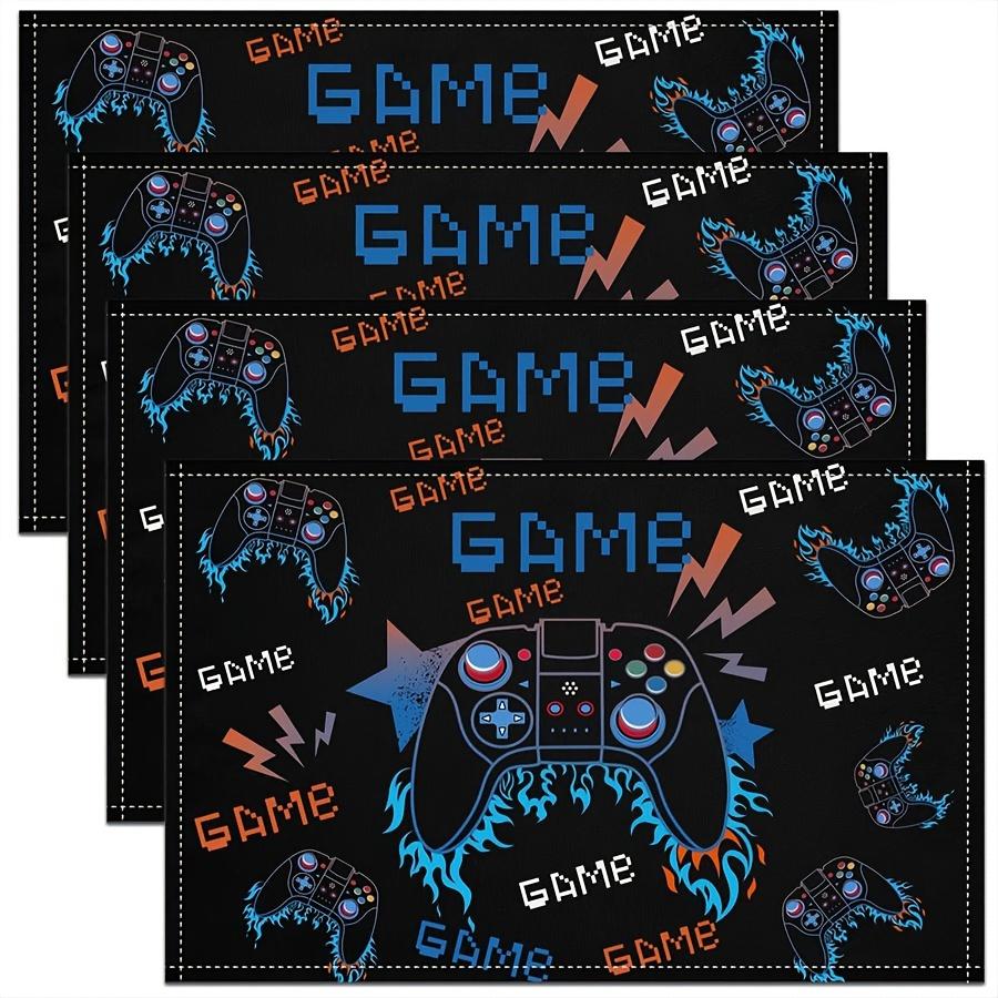Gamer Black Blue Controller Linen Placemats Video Game Theme 4pcs Set Fun Table Mats For Kids Room Gaming Setup 4PCS