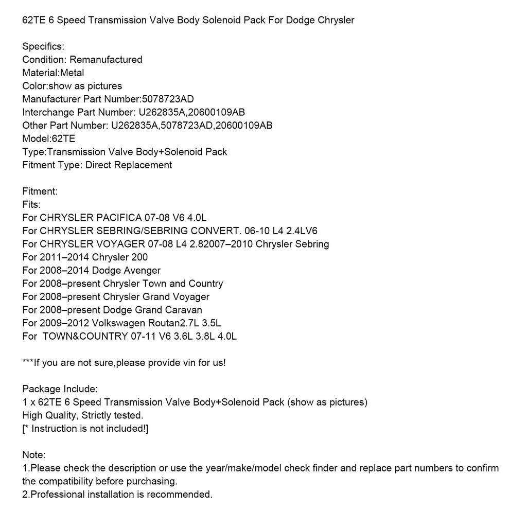 62TE 6 Speed Transmission Valve Body Solenoid Pack For Dodge Chrysler