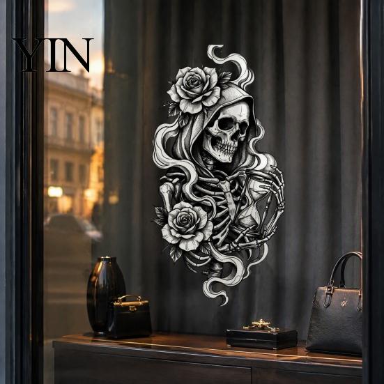 Autocolant de sticlă personalizabil Schelet și Trandafir Halloween Static Window Clings, Craniu Schiță Detașabil și Film Ușor de instalat Autocolant Floare, PVC Impermeabil