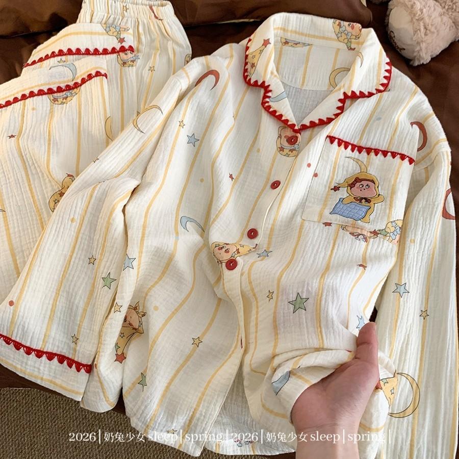 Striped cartoon star girl pajamas spring and autumn cardigan double long two-piece set student dormitory loungewear
