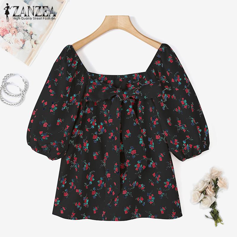ZANZEA Women Square Neck Bubble Short Sleeve Floral Print Blouses
