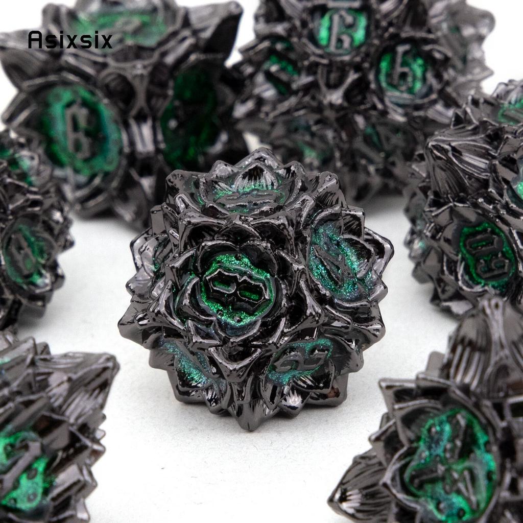 7 sztuk czarny zielony kwiat lotosu metalowe kostki z litego metalu zestaw kości wielościennych nadaje się do odgrywania ról RPG gra planszowa gra karciana