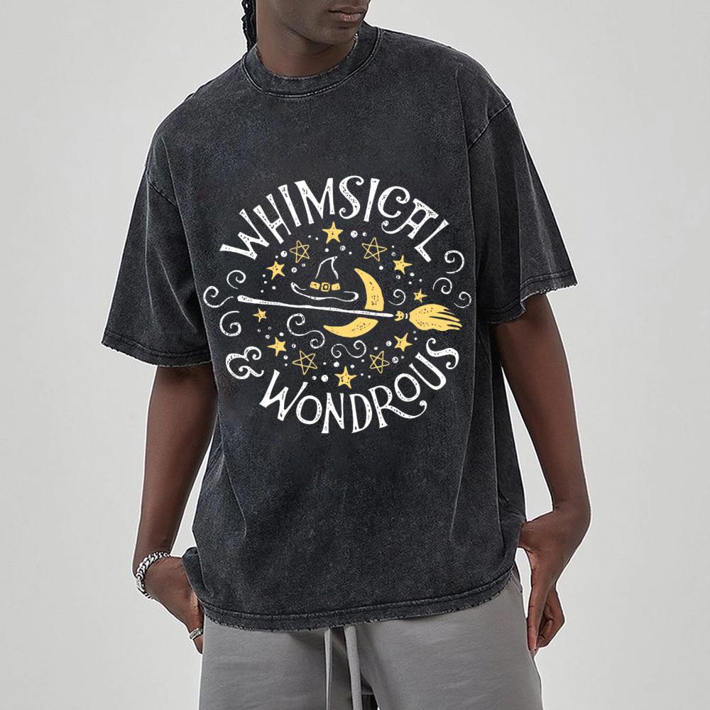 Magic Theme Letter Print T-Shirt Unisex Style Oversize Washed Denim Short Sleeve Vintage Top