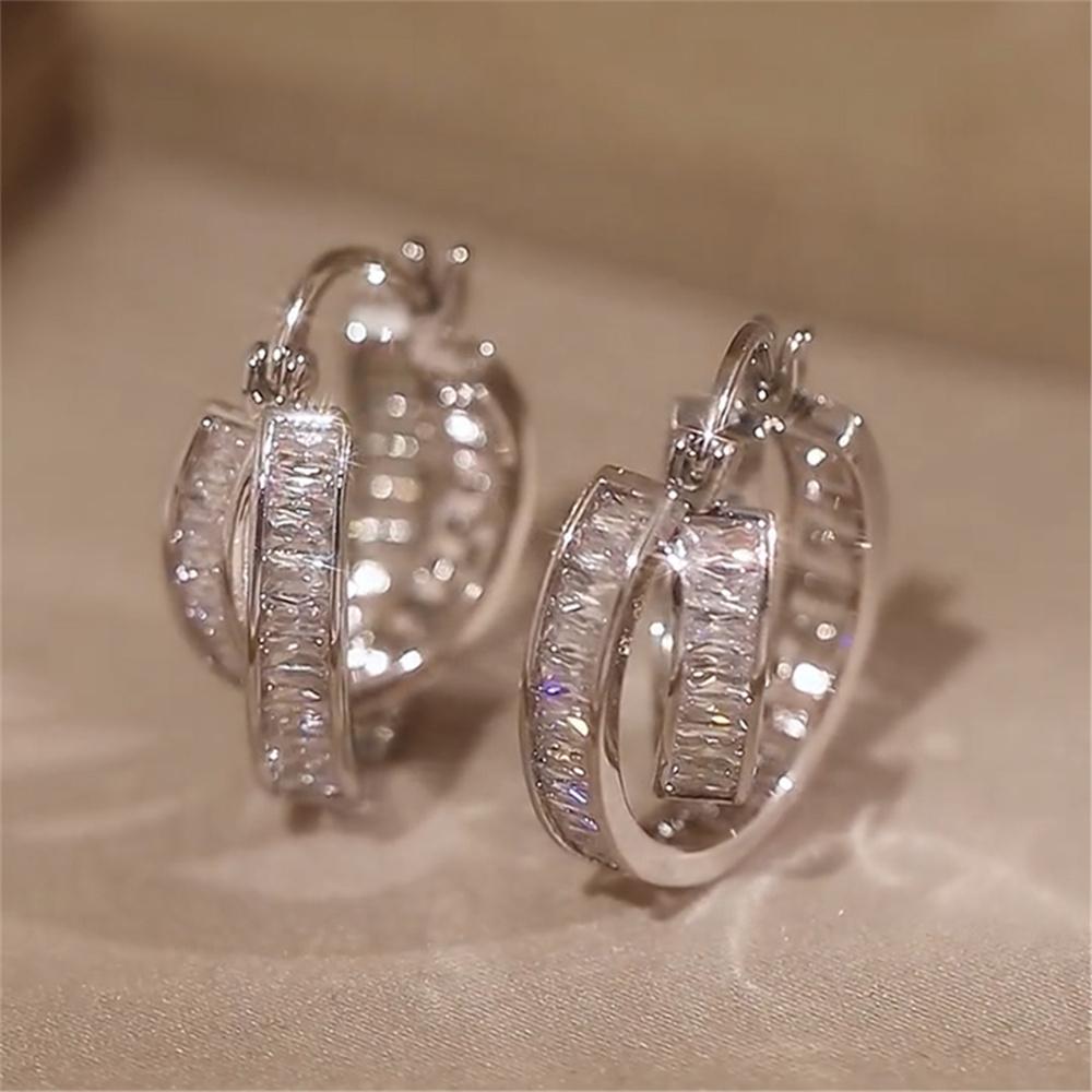 

Luxury Female White Zircon Stone Hoop Earrings Vintage Fashion Silver Color Wedding For Women
