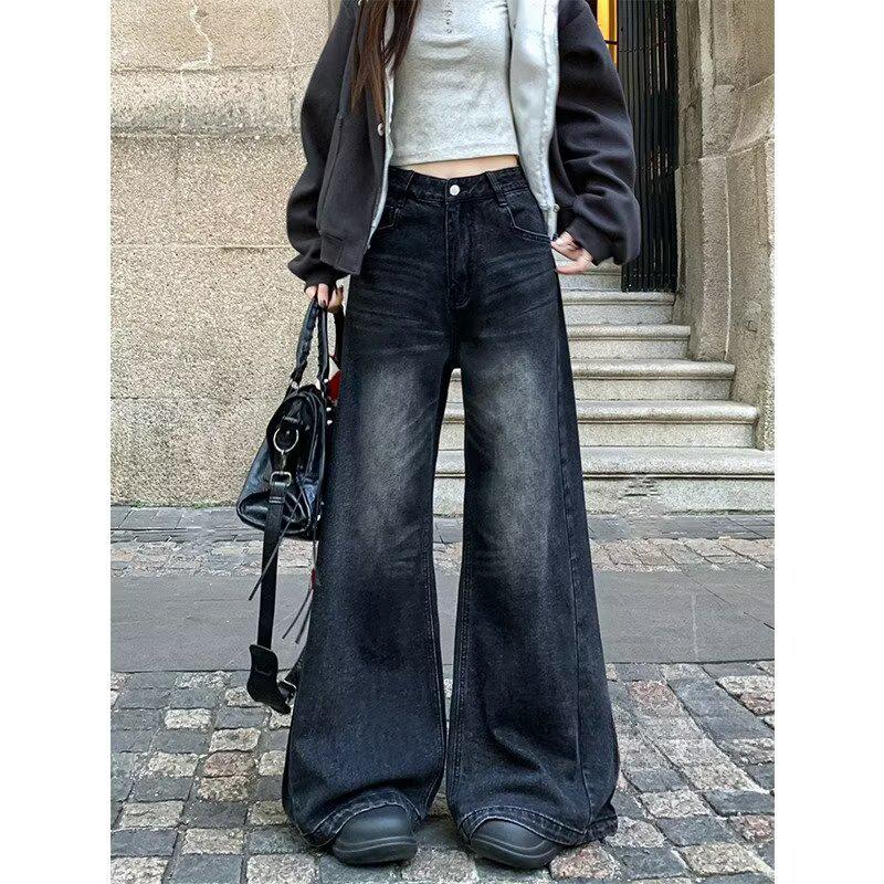 

2025 Autumn Women’s Black-Gray Slim Wide-Leg High-Waisted Floor-Length Jeans Triple Extra Large чёрный