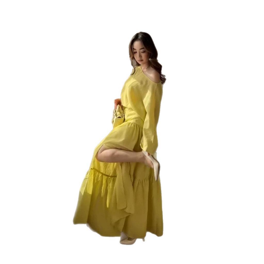  European and  women's clothing new diagonal collar long-sleeved loose top high waist layered split long skirt set