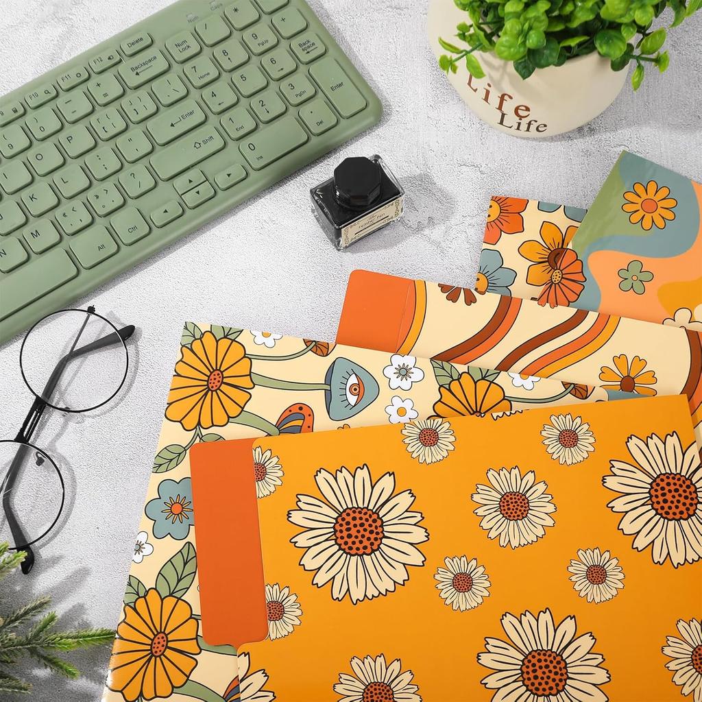 Boho Floral File Folders 12 Pack Retro Rainbow Flower Letter Size File Pockets with 1/3 Cut Tab for Office Classroom File Organizer, 9.5 x 11.5 Inch