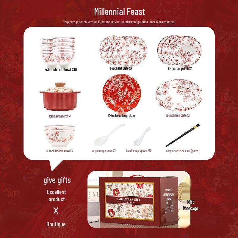 Retro Red Ceramic Dining Set Red Floral Gift Box