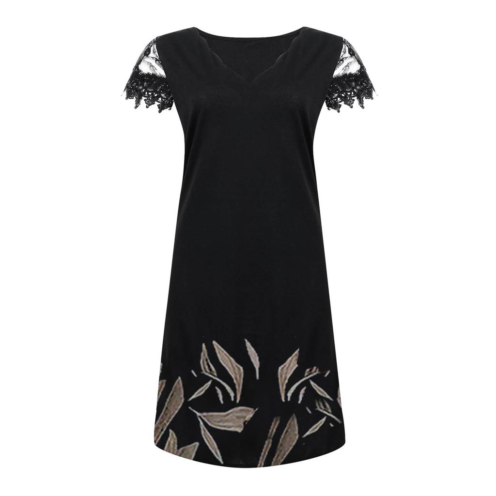 Ladies Casual Positioning Print V-Neck Lace Panel Short Sleeve Dress