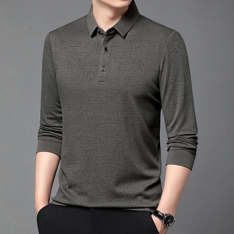 Spring Autumn Polo Shirts Men Business Casual Elastic Polos Solid Color Print Long Sleeve Tees