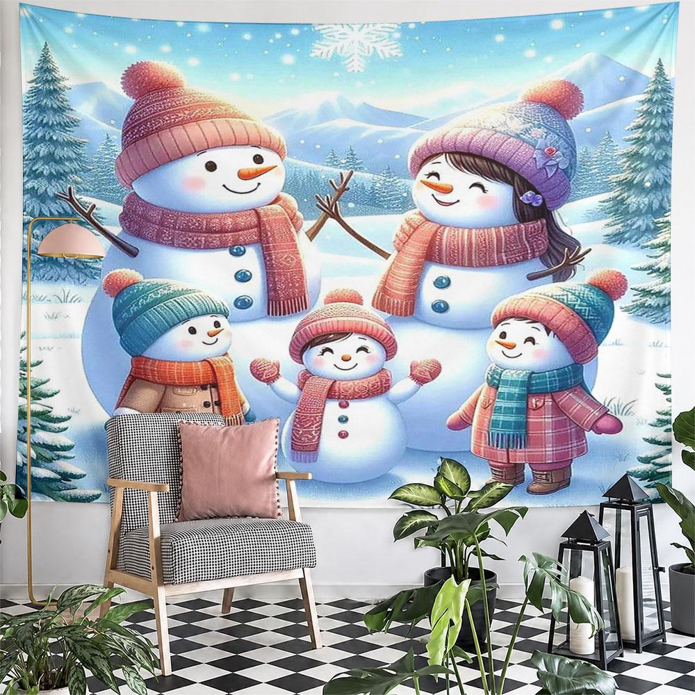 "Family of Snowmen In Winter Wonderland" Pattern Wall Hanging Tapestry Decorative Tapestry Home Decor for Bedroom and Living Room