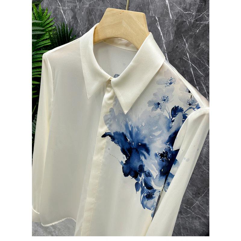 2024 Kunstnerisk blekkvask oljetrykk satengskjorte: Langermet, Motebevisst Temperament Topp