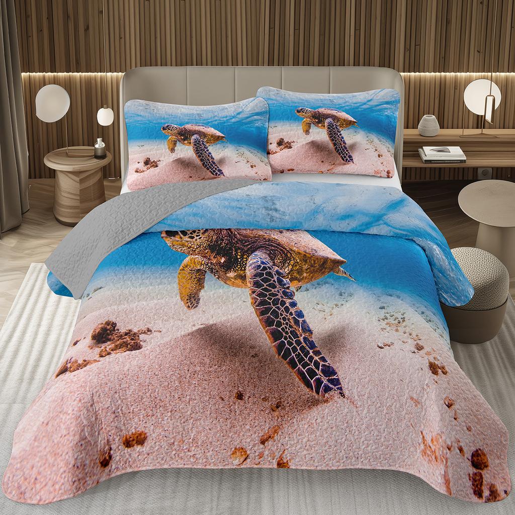 Sea Turtle Bedspread Queen Twin Underwater World Ocean Animal Coverlet Reptile Tortoise Print Quilted Bedding Set for Kids Adult