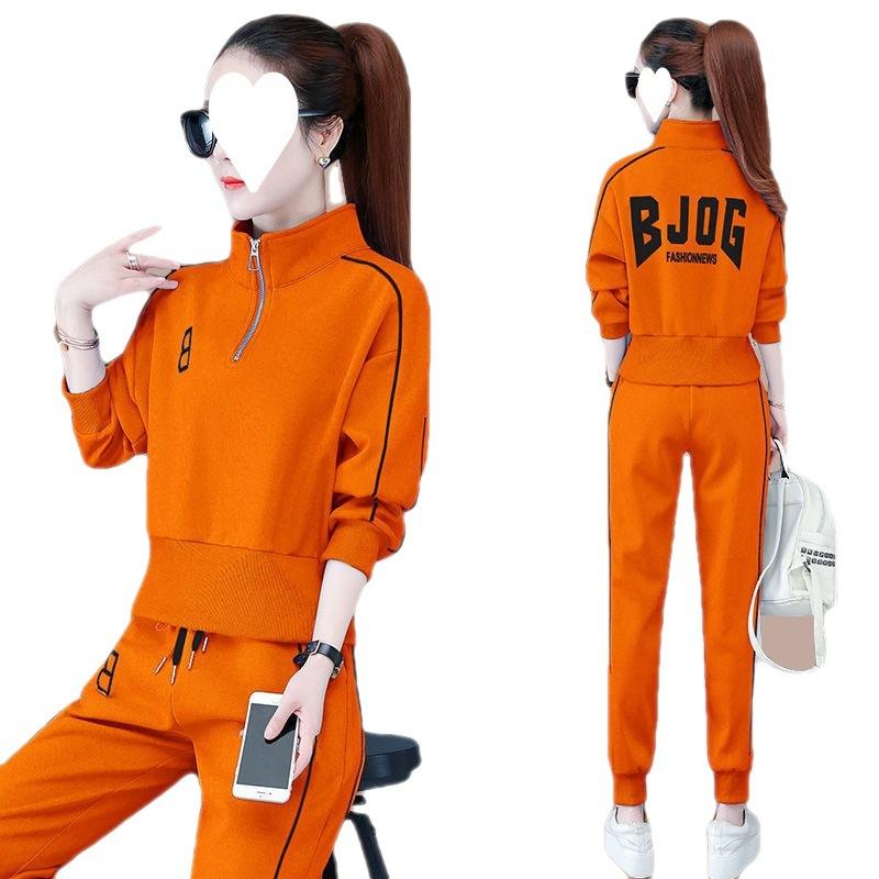 Casual Sportswear Suit for Women, Spring and Autumn High-waisted Stand-up Collar Sweatshirt, Stylish Large Size Long-sleeved Two-piece Set