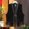Women's Retro Chinese Style Velvet Vest V Neck Ruffle Hem Sleeveless Waistcoat with Knot Button
