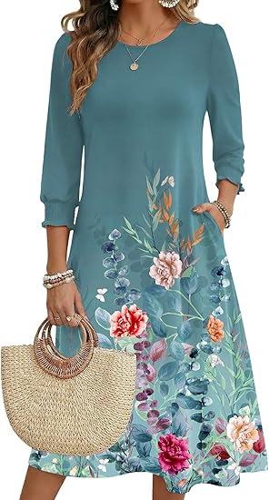 Women's Summer, Pocket Seven-Sleeve Floral Medium and Long Casual Dress