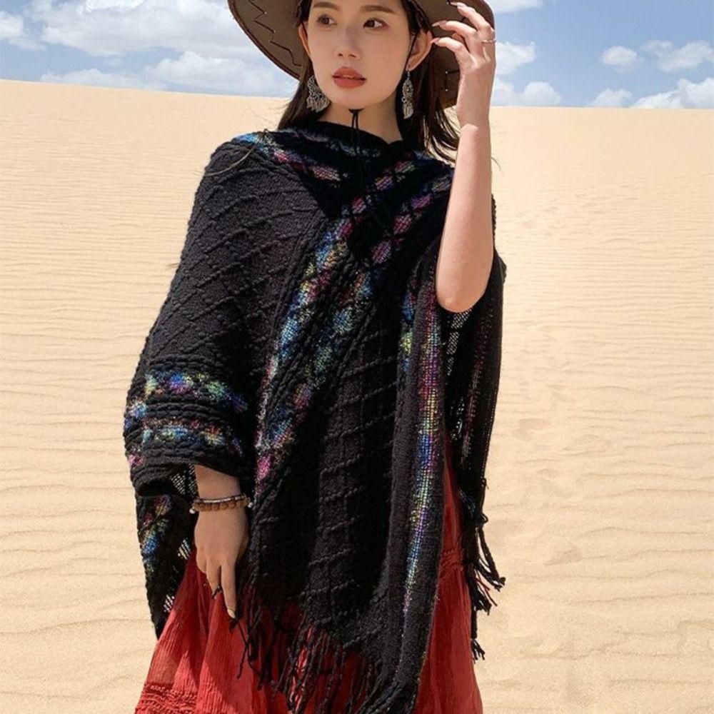 Stripe Knitted Cape Printing Tassel Scarves Simple Ethnic Style Scarf  Autumn Winter