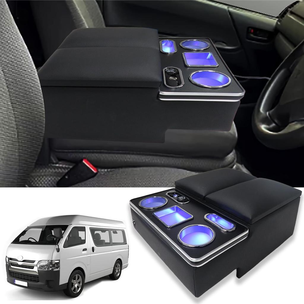 Loveyes Hiace 200 Series DX Armrest Console Box with Drink USB Small Item and Armrest for Convenient Storage Holder, LED, Port, Compartment,