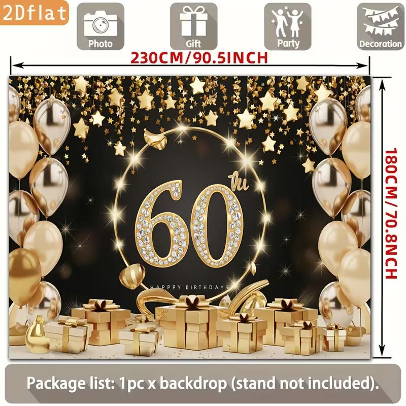 2D Black Gold 60 Birthday Backdrop Star Confetti & Balloon Decor Background Banner