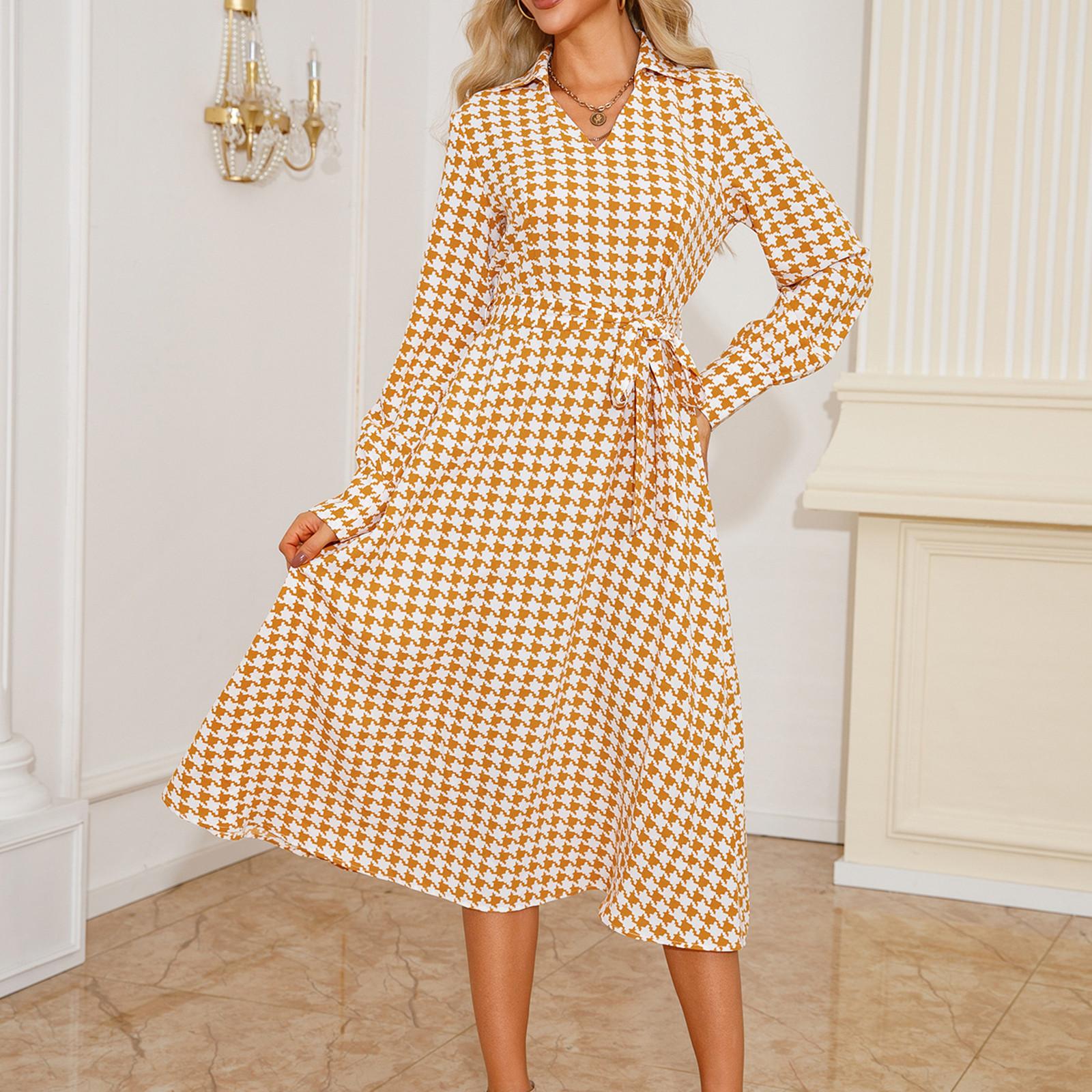 

Женская мода V-образный вырез Thousand Bird Check Printed Shirt Slim Dresses XL жёлтый