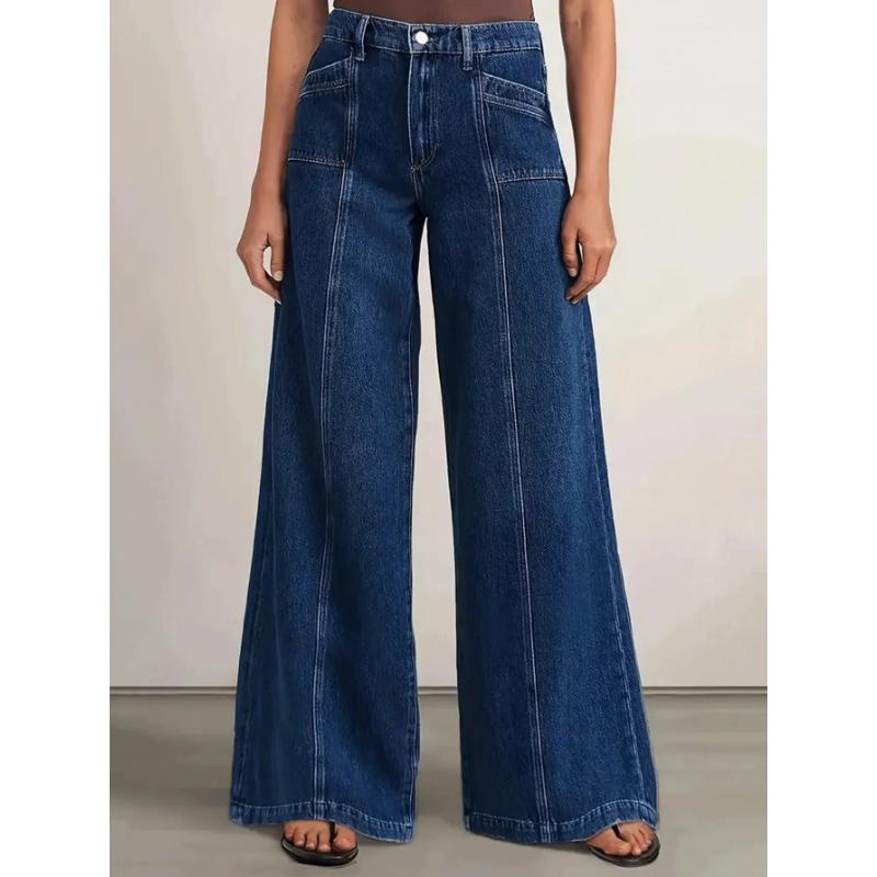 "Women’s Deep Blue Wide Leg Jeans - Stylish Denim Trousers for Comfort and Versatility