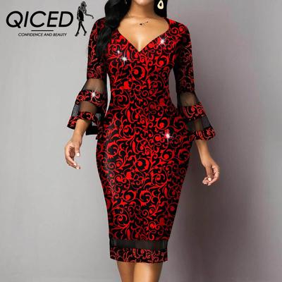 Elegant Women's Mesh Splicing Printed Package Hip Dress V-Neck Temperament Dresses