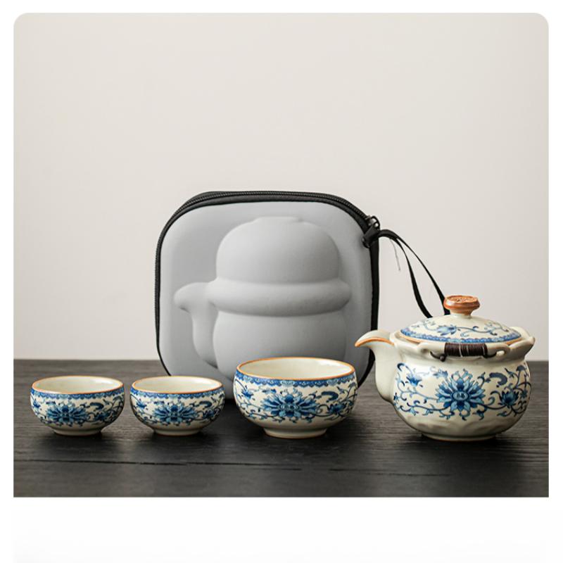 Ru Kiln One Pot Three Cups Outdoor Camping Travel Tea Set Portable Bag Teapot Teacups for One Person Use Fast Guest Cups