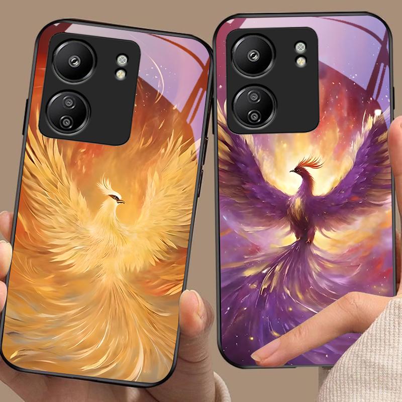 Golden Phoenix Purple For Xiaomi Redmi 13C Note13 12 Pro Plus 5G Note 9 13T Pro POCO X6 F5 F6 Black Tempered Glass Phone Case