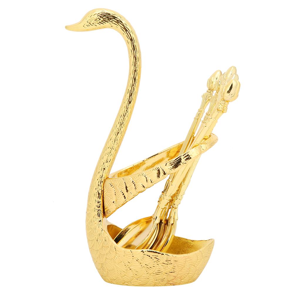 Zinc Alloy Swan‑Shaped Bracket Fruit Dessert Spoons Set Kitchen Tableware Wedding Supplies(Gold 6 Spoons )