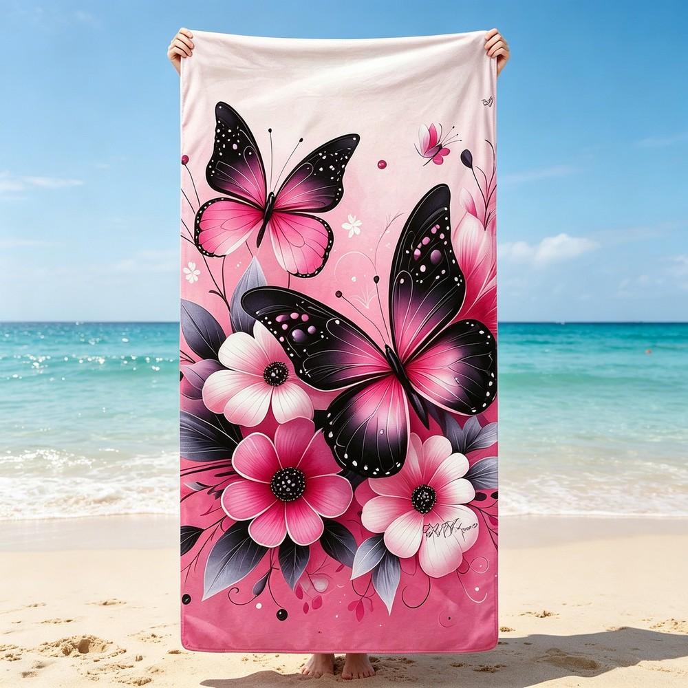 

Pink Floral Butterfly Beach Towel Patterned Sunscreen And Windproof Suitable For Swimming Pool Camping Travel Blanket W40*H60(CM)