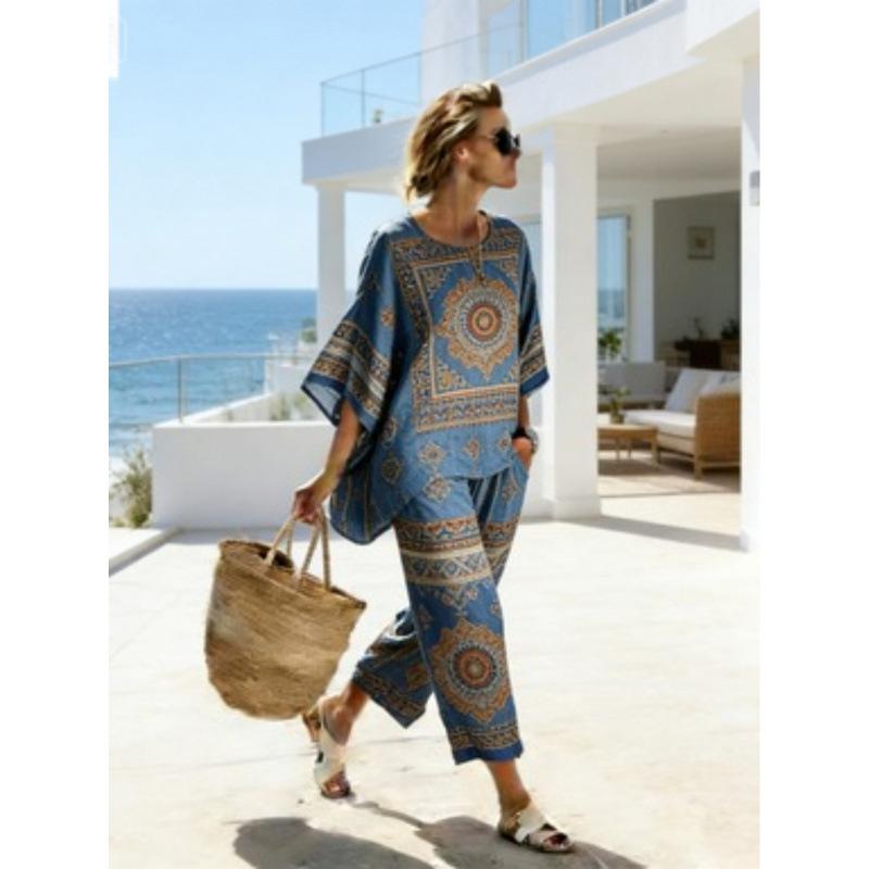 One wholesale, European and American style suit, summer loose round neck bat sleeve top, casual wide-leg pants two-piece set