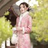 Womens Winter Warm Fleece-Lined Stand Collar Long Cheongsam Coat Set Vintage Chinese Style Outerwear