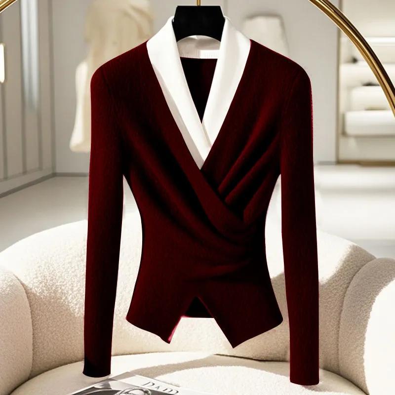 Maglioni da donna a maglia slim eleganti con scollo a V, patchwork, per il lavoro, pullover