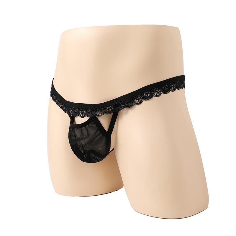 Men'S Sexy Low Rise T-Back Thong G-String Hollow Out Bulge Pouch Panties Lace Trim Belt Sissy Lingerie Naughty Male Nightwear