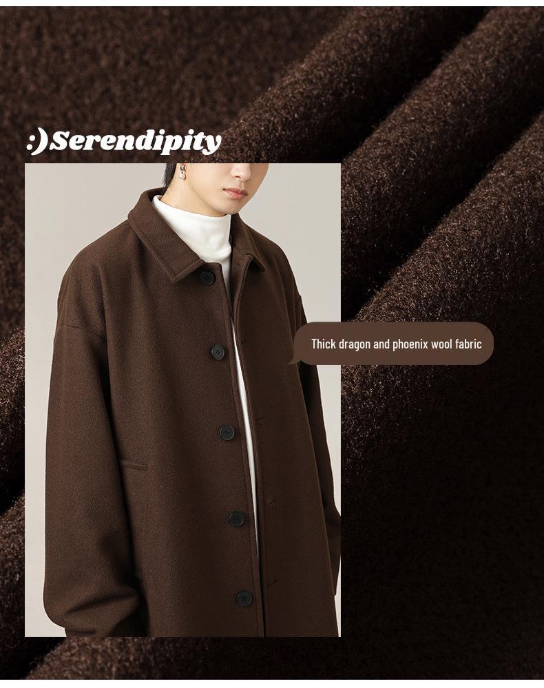 Men's Mid-Length Windproof Woolen Coat - Autumn/Winter, Japanese Style, Loose Fit, Thickened Lapel Jacket