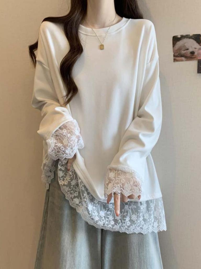 Women's Plus Size Lace Patchwork Long-Sleeve White T-Shirt - Loose Fit Autumn/Winter Base Layer Top