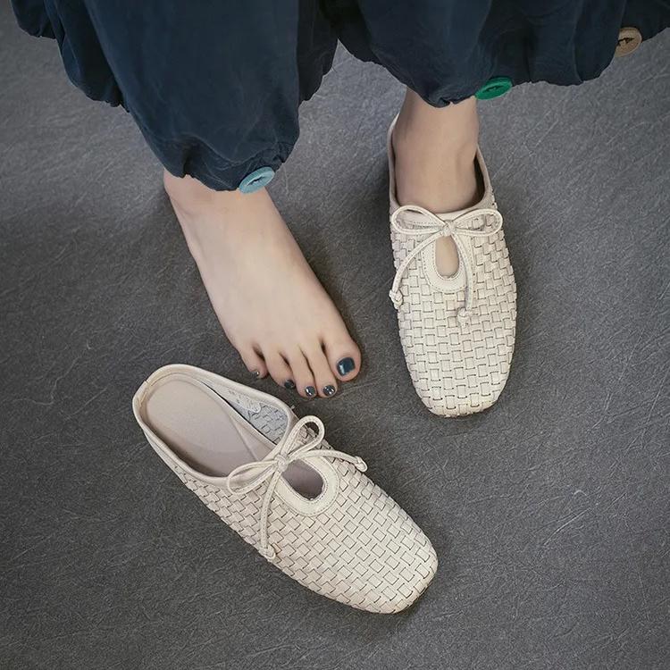 Johnature Pantofole da esterno intrecciate in vera pelle stile retrò, scarpe slip-on da donna leggere e versatili