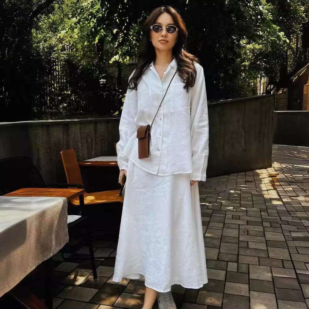 Women's Casual Loose-Fit Linen Cotton Shirt - Solid Color, Long-Sleeved, White