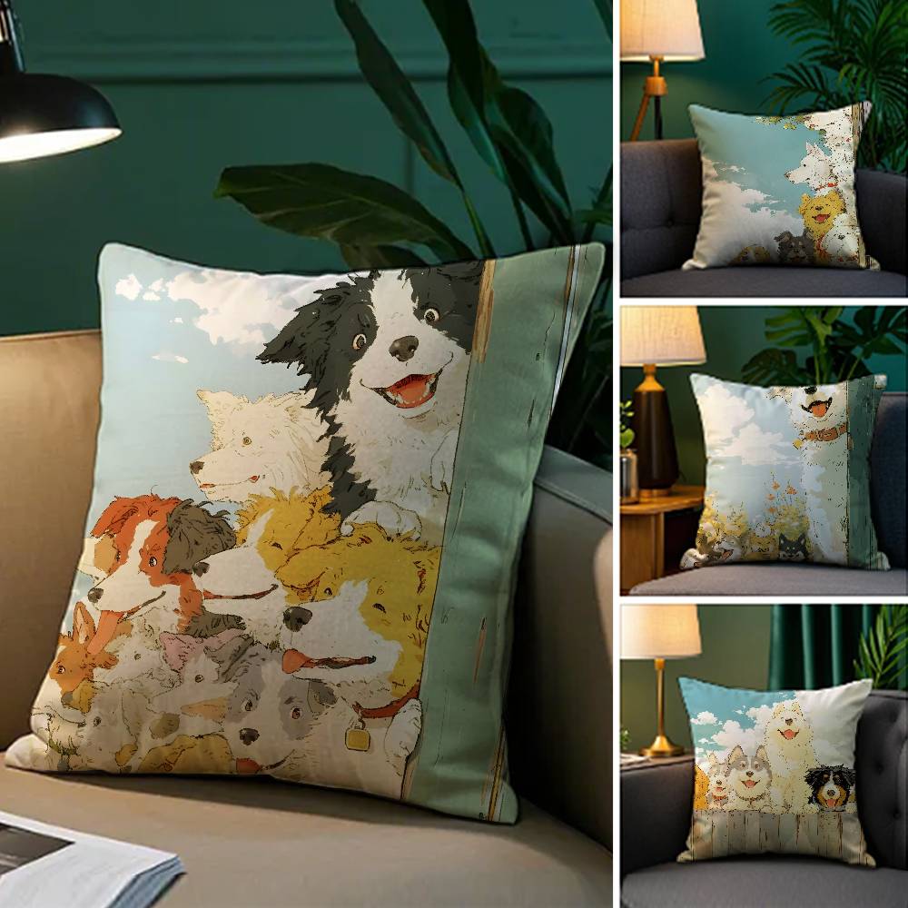 Niedliche Hunde Einladung Spiel Kissenbezug Komfort Sofa Bett Seidig elegant Verdeckter Reißverschluss Dekorative Kissenhülle