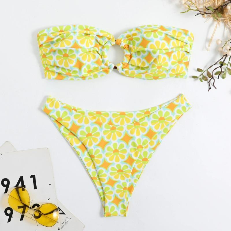 New three-point bikini print sexy babes two-piece swimsuit beach hot spring high-waisted swimsuit