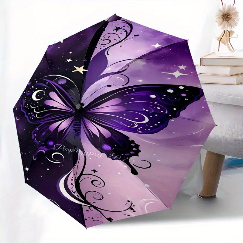 Butterfly, Cosmic Automatic Folding Umbrella 8 Ribs, Durable Iron Frame, Bright Color Pattern Compact Travel Umbrella, Suitable for Outdoor