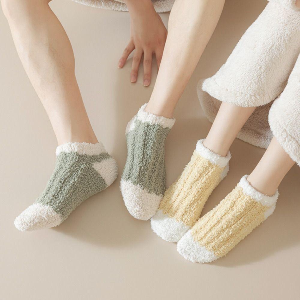 3Pairs Patchwork Floor Plush Socks Winter Warm Boat Socks Women Coral Fleece Socks For Female Men