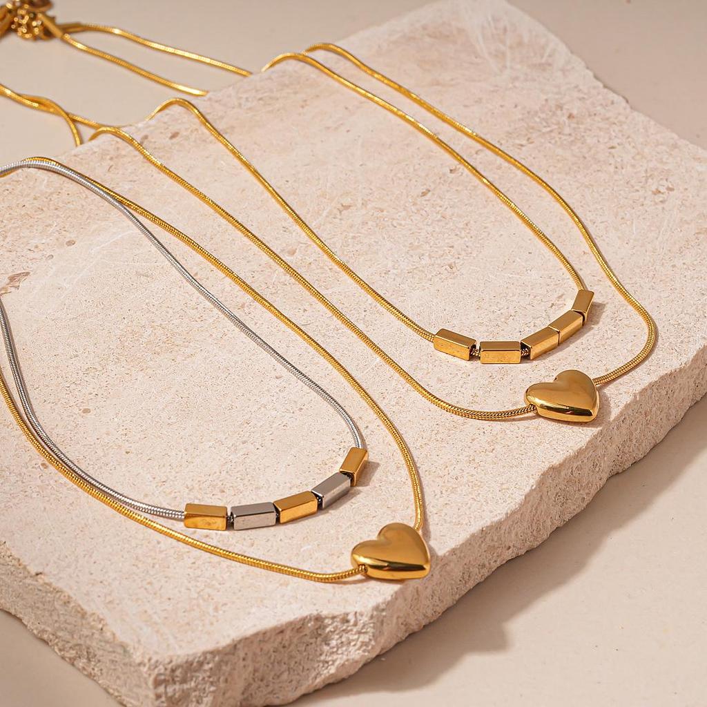 Stainless Steel Double Layer Heart, Star & Round Bead Necklace - Fashionable Clavicle Chain for Women, European, American High-End Style