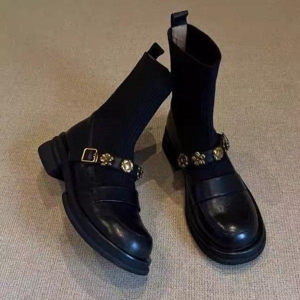 2025 Women's Retro Preppy Knitted Ankle Boots - Slimming, Versatile Loafer Sock Boots in British Style Leather