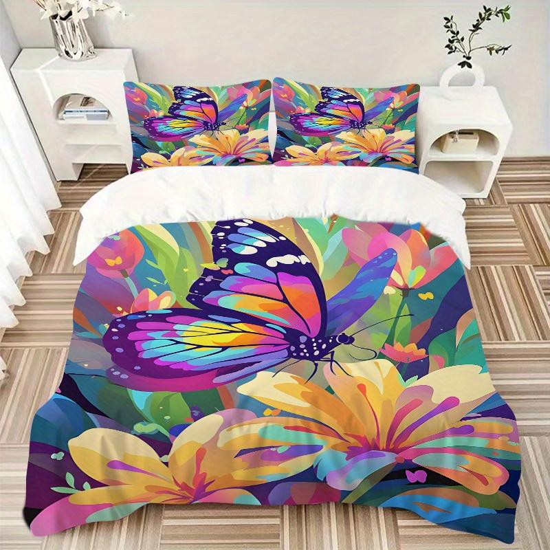 3Pcs Butterfly Print Printed Bedding Set, Breathable And Soft, Machine Washable, Christmas Gift, Suitable for Bedroom Decoration, 15145