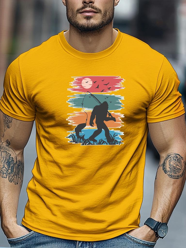 Mens Summer Fishing TShirt Bigfoot Catch Fish Print Short Sleeve Round Neck Breathable Soft Outdoor Daily Wear