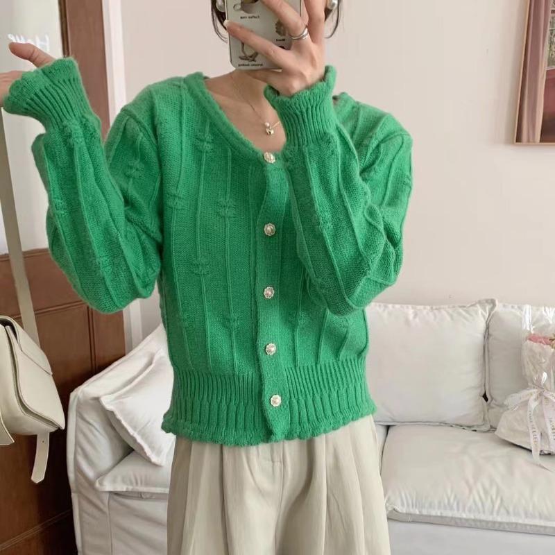 Autumn and winter new round neck lace knitted cardigan top women's soft waxy solid color gentle wind sweater jacket